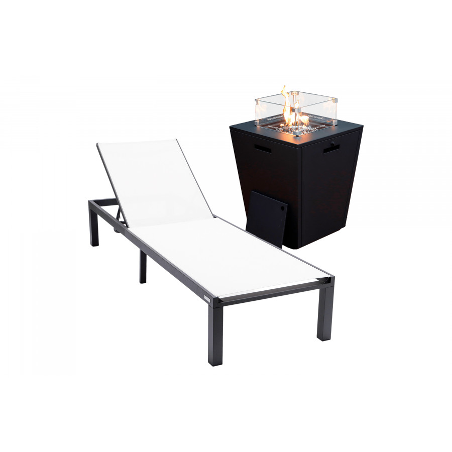 LeisureMod - Marlin Modern Black Aluminum Outdoor Patio Chaise Lounge Chair with Square Fire Pit Side Table