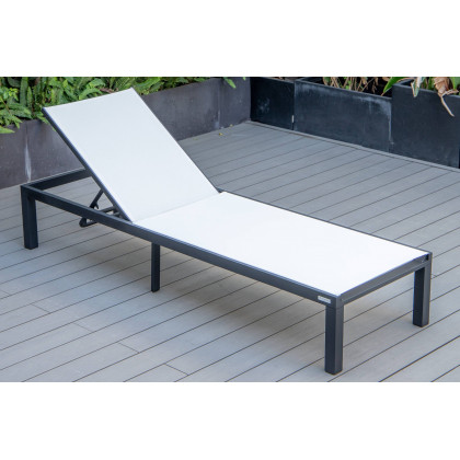 LeisureMod Marlin Modern Black Aluminum Outdoor Patio Chaise Lounge Chair with Square Fire Pit Side Table - White