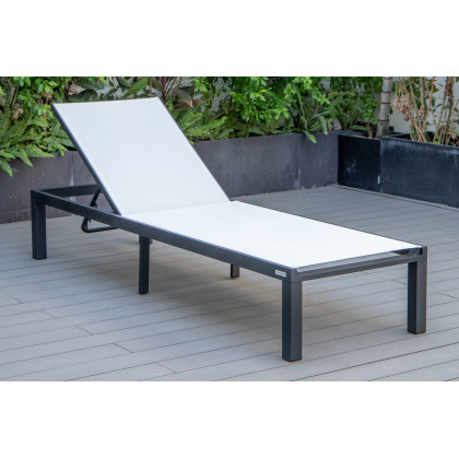 LeisureMod Marlin Modern Black Aluminum Outdoor Patio Chaise Lounge Chair with Square Fire Pit Side Table - White