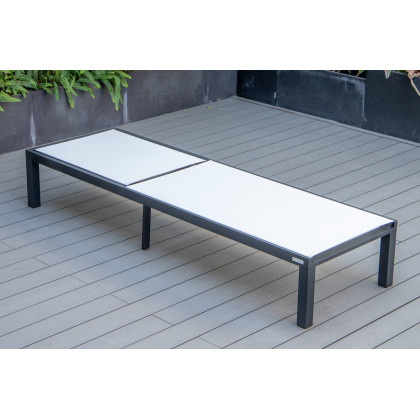 LeisureMod Marlin Modern Black Aluminum Outdoor Patio Chaise Lounge Chair with Square Fire Pit Side Table - White