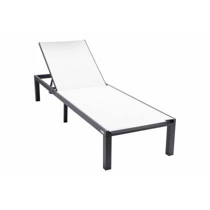 LeisureMod Marlin Modern Black Aluminum Outdoor Patio Chaise Lounge Chair with Square Fire Pit Side Table - White