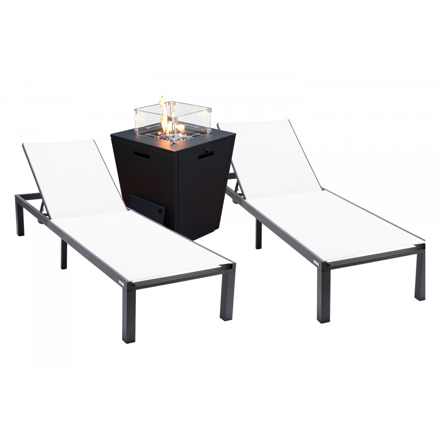 LeisureMod Marlin Modern Black Aluminum Outdoor Chaise Lounge Chair With Square Fire Pit Side Table Set of 2 - White