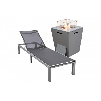 LeisureMod - Marlin Modern Black Aluminum Outdoor Patio Chaise Lounge Chair with Square Fire Pit Side Table