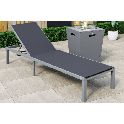 LeisureMod Marlin Modern Gray Aluminum Outdoor Patio Chaise Lounge Chair with Square Fire Pit Side Table - Black