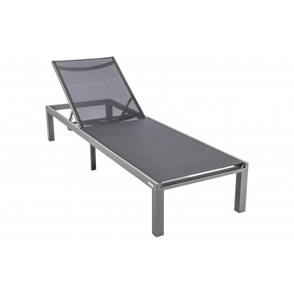LeisureMod Marlin Modern Gray Aluminum Outdoor Patio Chaise Lounge Chair with Square Fire Pit Side Table - Black