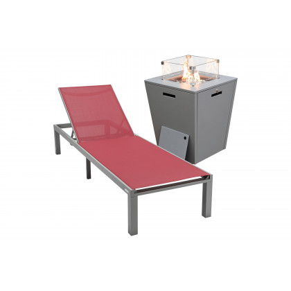 LeisureMod - Marlin Modern Black Aluminum Outdoor Patio Chaise Lounge Chair with Square Fire Pit Side Table