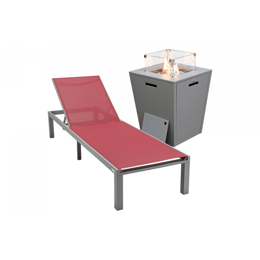 LeisureMod Marlin Modern Gray Aluminum Outdoor Patio Chaise Lounge Chair with Square Fire Pit Side Table - Burgundy