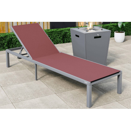 LeisureMod Marlin Modern Gray Aluminum Outdoor Patio Chaise Lounge Chair with Square Fire Pit Side Table - Burgundy