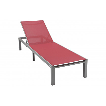 LeisureMod Marlin Modern Gray Aluminum Outdoor Patio Chaise Lounge Chair with Square Fire Pit Side Table - Burgundy