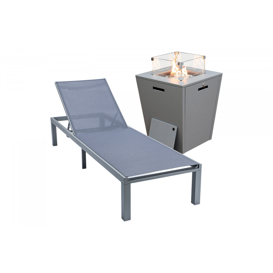 LeisureMod Marlin Modern Gray Aluminum Outdoor Patio Chaise Lounge Chair with Square Fire Pit Side Table - Dark Gray