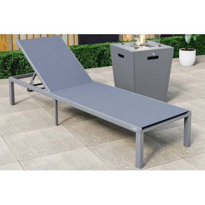 LeisureMod Marlin Modern Gray Aluminum Outdoor Patio Chaise Lounge Chair with Square Fire Pit Side Table - Dark Gray