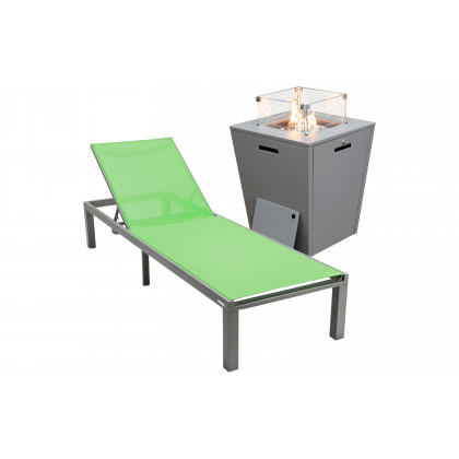 LeisureMod - Marlin Modern Black Aluminum Outdoor Patio Chaise Lounge Chair with Square Fire Pit Side Table