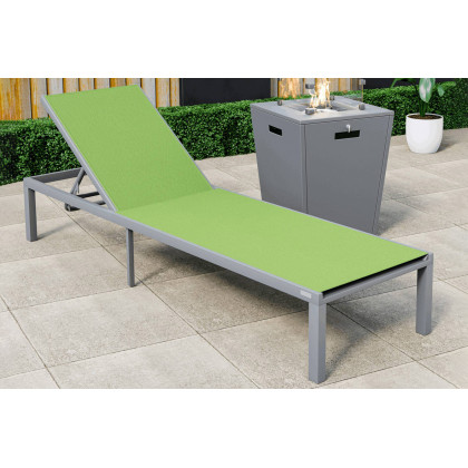 LeisureMod Marlin Modern Gray Aluminum Outdoor Patio Chaise Lounge Chair with Square Fire Pit Side Table - Green