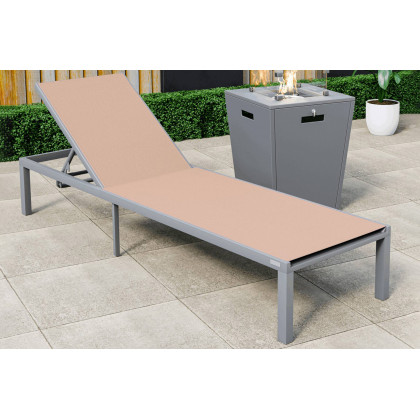 LeisureMod Marlin Modern Gray Aluminum Outdoor Patio Chaise Lounge Chair with Square Fire Pit Side Table - Light Brown