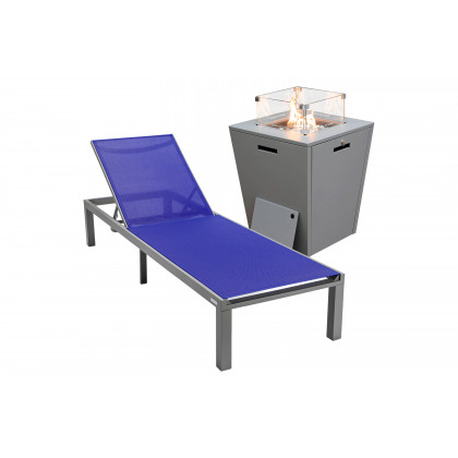 LeisureMod - Marlin Modern Black Aluminum Outdoor Patio Chaise Lounge Chair with Square Fire Pit Side Table
