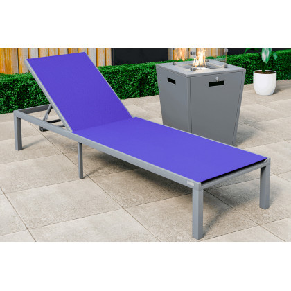 LeisureMod Marlin Modern Gray Aluminum Outdoor Patio Chaise Lounge Chair with Square Fire Pit Side Table - Navy Blue