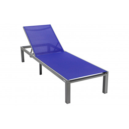 LeisureMod Marlin Modern Gray Aluminum Outdoor Patio Chaise Lounge Chair with Square Fire Pit Side Table - Navy Blue