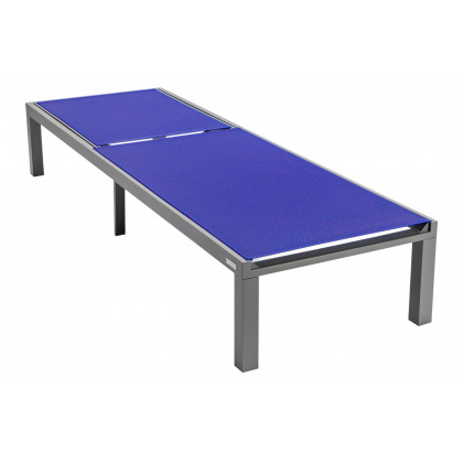 LeisureMod Marlin Modern Gray Aluminum Outdoor Patio Chaise Lounge Chair with Square Fire Pit Side Table - Navy Blue