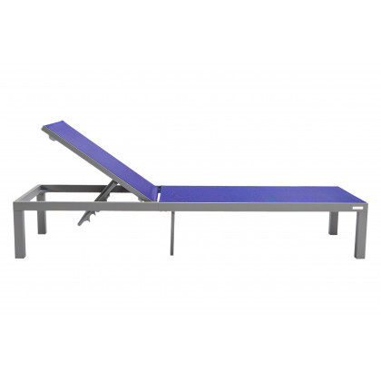 LeisureMod Marlin Modern Gray Aluminum Outdoor Patio Chaise Lounge Chair with Square Fire Pit Side Table - Navy Blue
