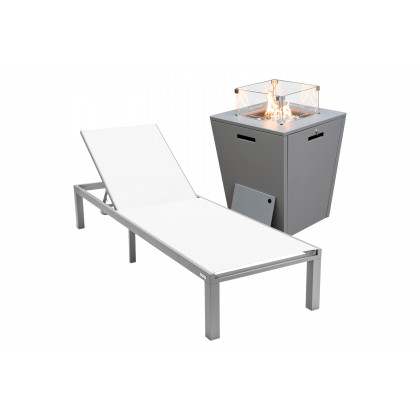 LeisureMod - Marlin Modern Black Aluminum Outdoor Patio Chaise Lounge Chair with Square Fire Pit Side Table