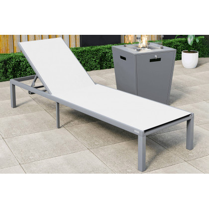 LeisureMod Marlin Modern Gray Aluminum Outdoor Patio Chaise Lounge Chair with Square Fire Pit Side Table - White
