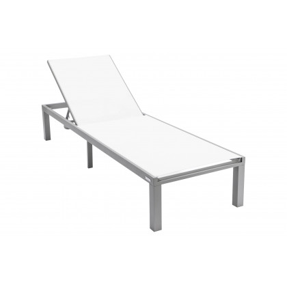 LeisureMod Marlin Modern Gray Aluminum Outdoor Patio Chaise Lounge Chair with Square Fire Pit Side Table - White