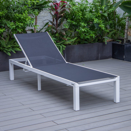 LeisureMod Marlin Patio Chaise Lounge Chair With White Aluminum Frame - Black