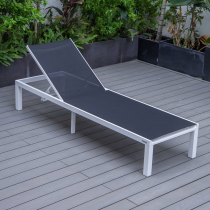 LeisureMod Marlin Patio Chaise Lounge Chair With White Aluminum Frame - Black