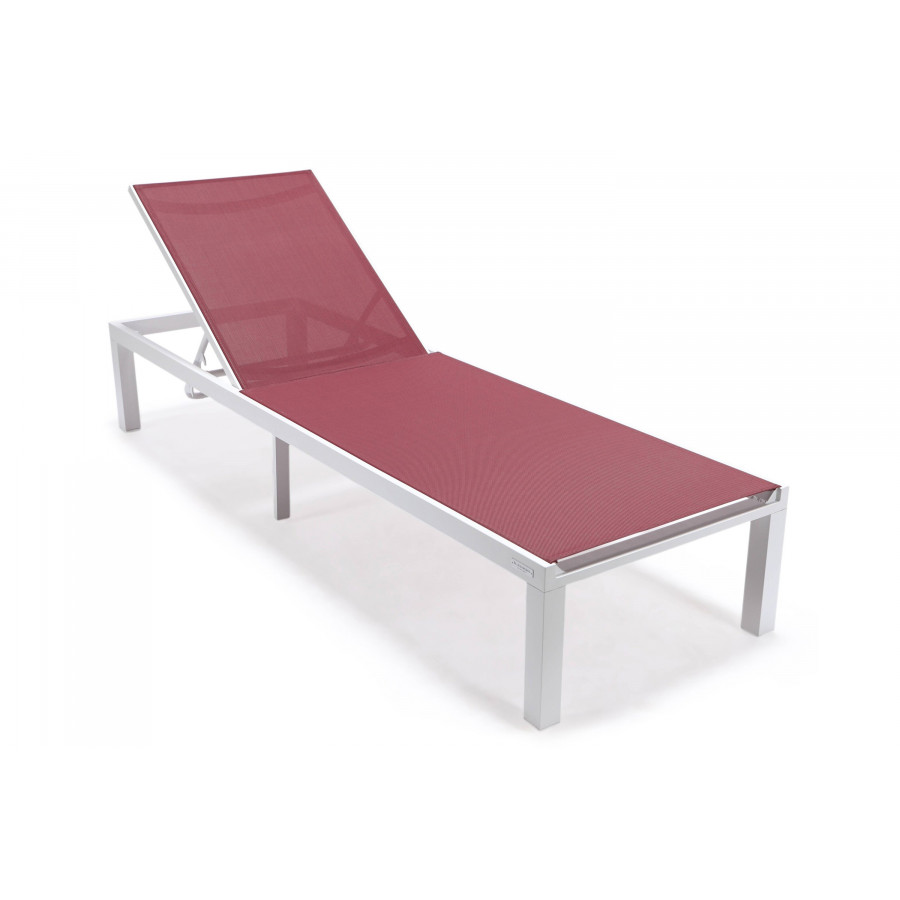 LeisureMod Marlin Patio Chaise Lounge Chair With White Aluminum Frame - Burgundy