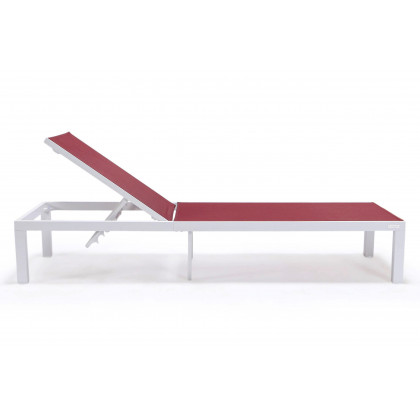 LeisureMod Marlin Patio Chaise Lounge Chair With White Aluminum Frame - Burgundy