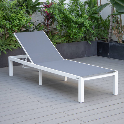 LeisureMod Marlin Patio Chaise Lounge Chair With White Aluminum Frame - Dark Gray