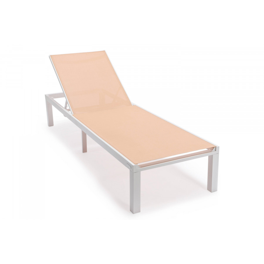 LeisureMod Marlin Patio Chaise Lounge Chair With White Aluminum Frame - Light Brown