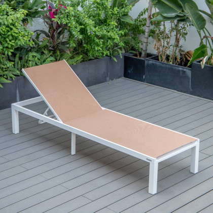 LeisureMod Marlin Patio Chaise Lounge Chair With White Aluminum Frame - Light Brown