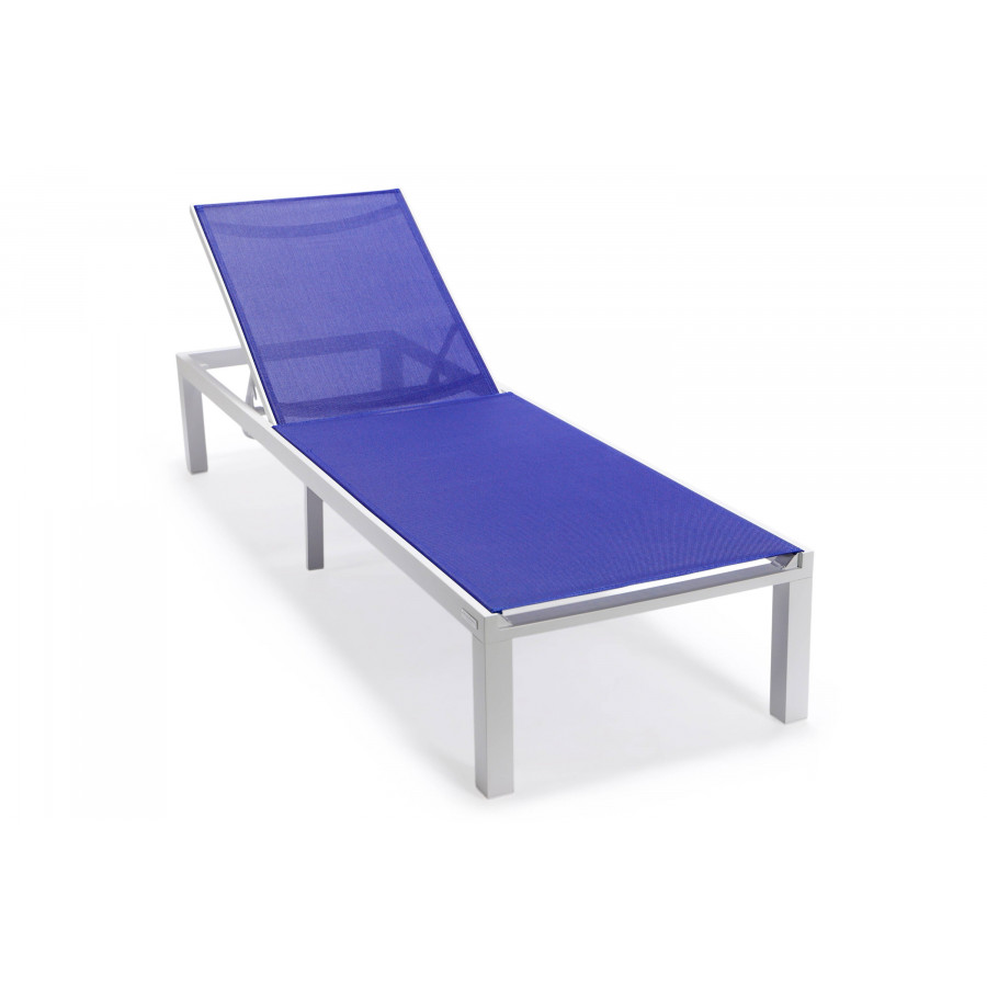 LeisureMod Marlin Patio Chaise Lounge Chair With White Aluminum Frame - Navy Blue