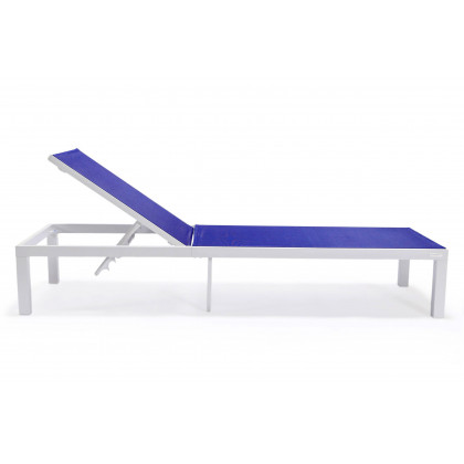 LeisureMod Marlin Patio Chaise Lounge Chair With White Aluminum Frame - Navy Blue