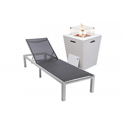 LeisureMod - Marlin Modern Black Aluminum Outdoor Patio Chaise Lounge Chair with Square Fire Pit Side Table