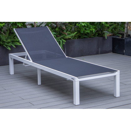 LeisureMod Marlin Modern White Aluminum Outdoor Patio Chaise Lounge Chair with Square Fire Pit Side Table - Black
