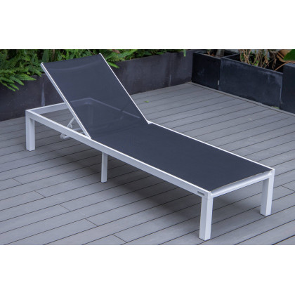 LeisureMod Marlin Modern White Aluminum Outdoor Patio Chaise Lounge Chair with Square Fire Pit Side Table - Black