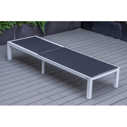 LeisureMod Marlin Modern White Aluminum Outdoor Patio Chaise Lounge Chair with Square Fire Pit Side Table - Black