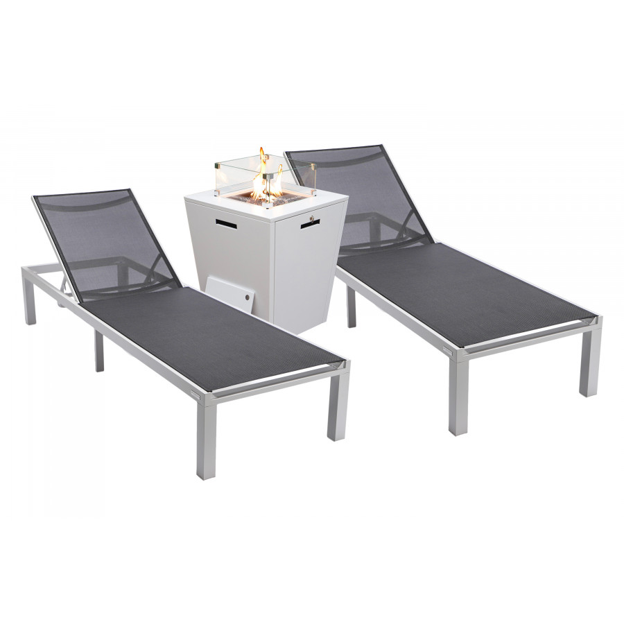 LeisureMod Marlin Modern White Aluminum Outdoor Chaise Lounge Chair With Square Fire Pit Side Table Set of 2 - Black