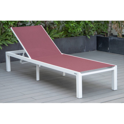 LeisureMod Marlin Modern White Aluminum Outdoor Chaise Lounge Chair With Square Fire Pit Side Table Set of 2 - Burgundy