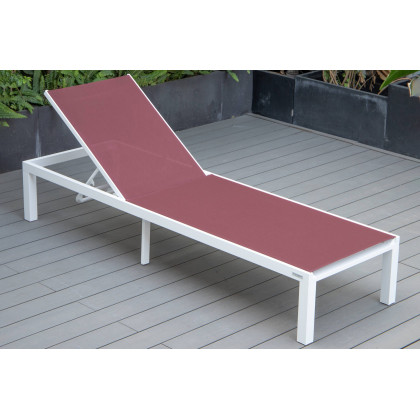 LeisureMod Marlin Modern White Aluminum Outdoor Chaise Lounge Chair With Square Fire Pit Side Table Set of 2 - Burgundy
