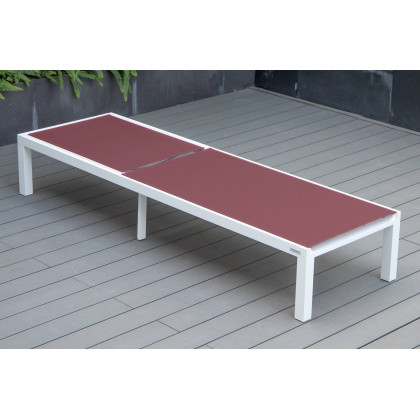 LeisureMod Marlin Modern White Aluminum Outdoor Chaise Lounge Chair With Square Fire Pit Side Table Set of 2 - Burgundy