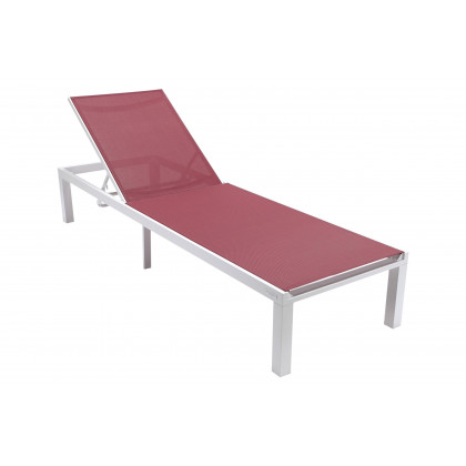 LeisureMod Marlin Modern White Aluminum Outdoor Chaise Lounge Chair With Square Fire Pit Side Table Set of 2 - Burgundy