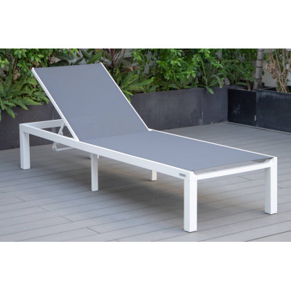 LeisureMod Marlin Modern White Aluminum Outdoor Patio Chaise Lounge Chair with Square Fire Pit Side Table - Dark Gray