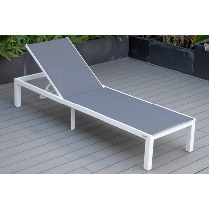 LeisureMod Marlin Modern White Aluminum Outdoor Patio Chaise Lounge Chair with Square Fire Pit Side Table - Dark Gray