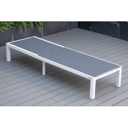 LeisureMod Marlin Modern White Aluminum Outdoor Patio Chaise Lounge Chair with Square Fire Pit Side Table - Dark Gray