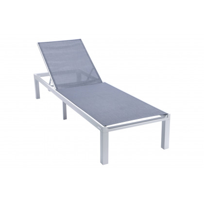 LeisureMod Marlin Modern White Aluminum Outdoor Patio Chaise Lounge Chair with Square Fire Pit Side Table - Dark Gray