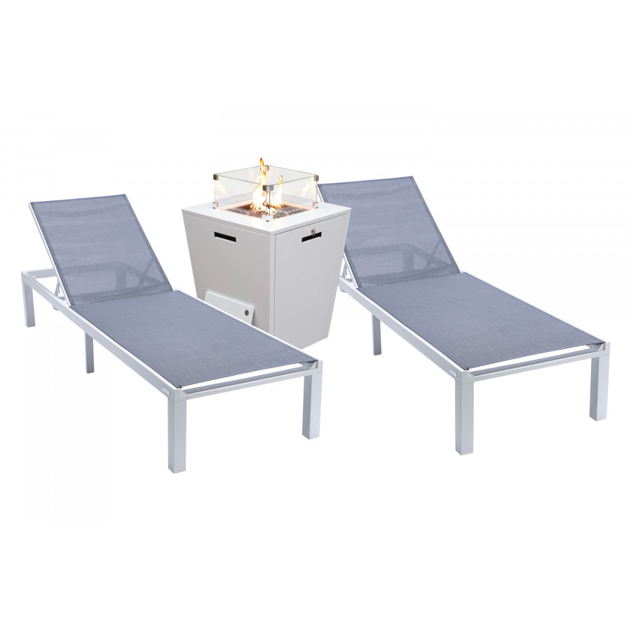 LeisureMod Marlin Modern White Aluminum Outdoor Chaise Lounge Chair With Square Fire Pit Side Table Set of 2 - Dark Gray