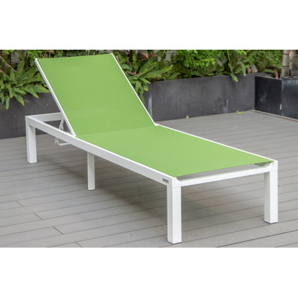 LeisureMod Marlin Modern White Aluminum Outdoor Patio Chaise Lounge Chair with Square Fire Pit Side Table - Green